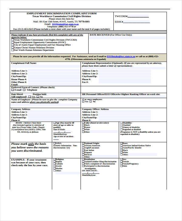 FREE 12 Discrimination Complaint Forms In PDF MS Word