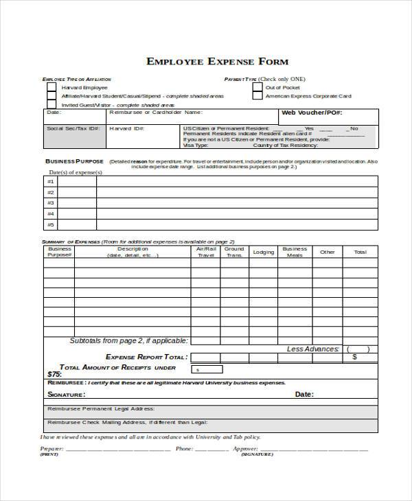 employment expenses form in word