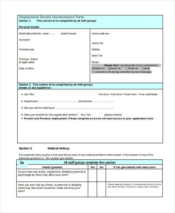 employment health questionnaire form1