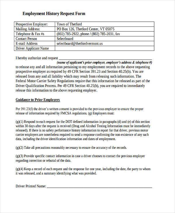 employment history request form