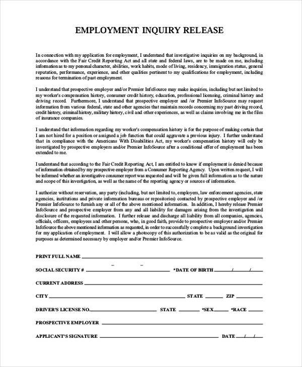 employment inquiry release form