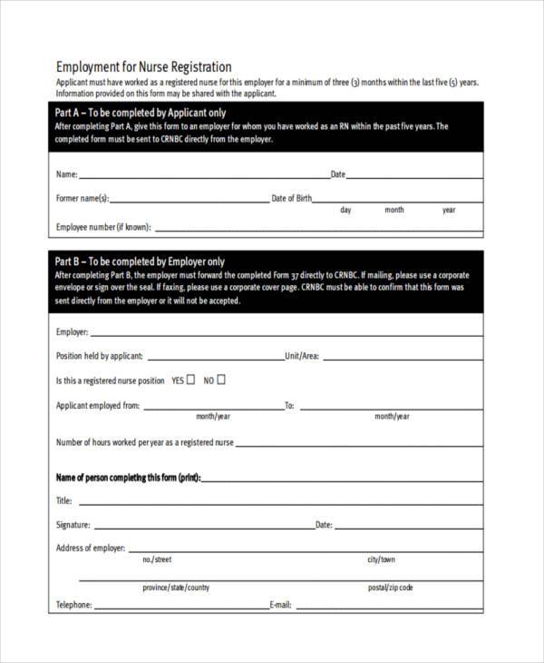 employment nursing registration form in pdf