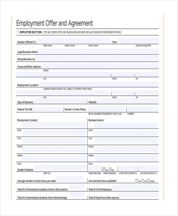 employment offer agreement form