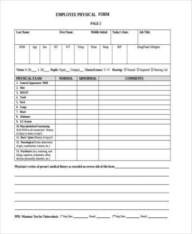 employment physical exam form