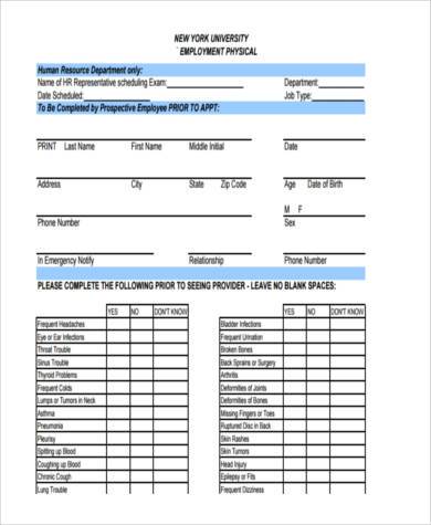 employment physical form example