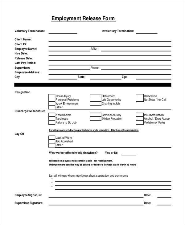 Free 10 Sample Employment Release Forms In Pdf Ms Word 