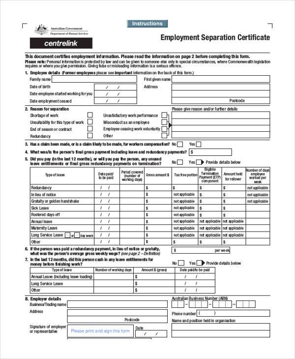 employment separation certificate form1