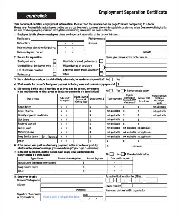 Employment Separation Certificate