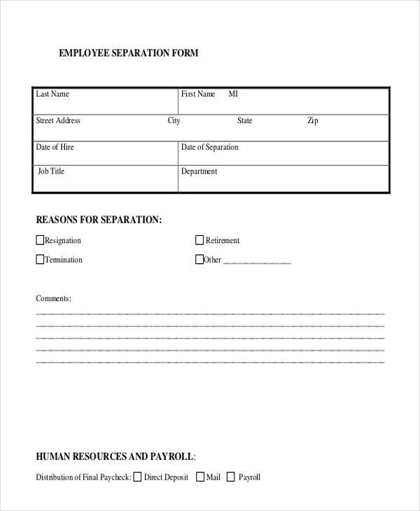employment separation form in pdf