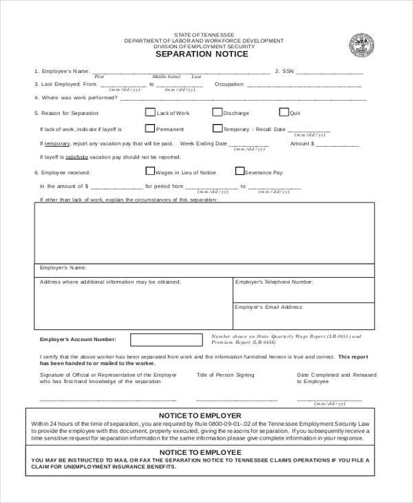 employment separation notice form