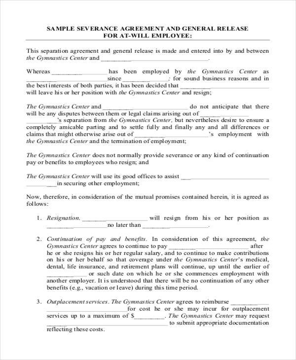 employment severance agreement form sample