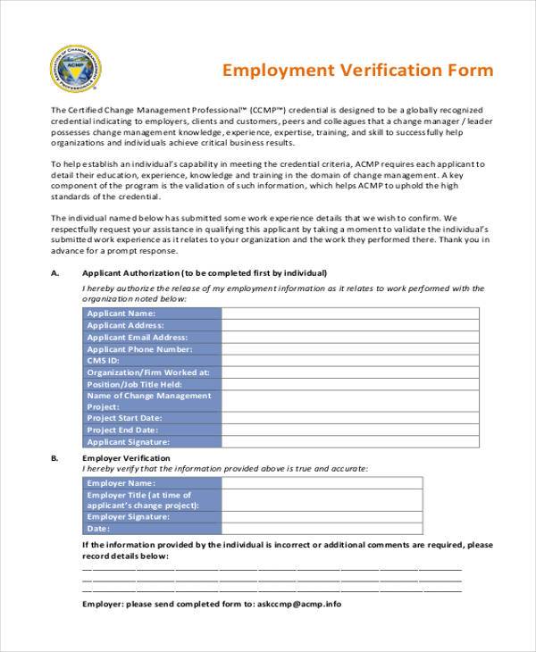 Free 9 Sample Employment Verification Forms In Pdf Ms Word