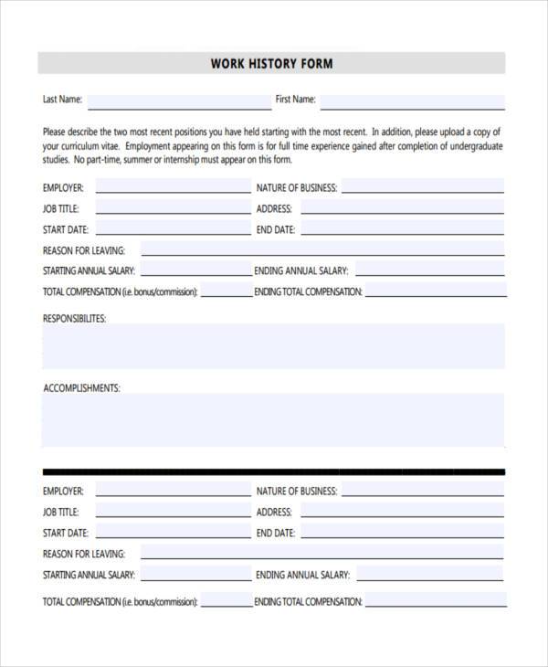 Employment History Form Template