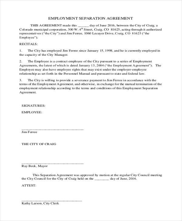 employment separation agreement form example