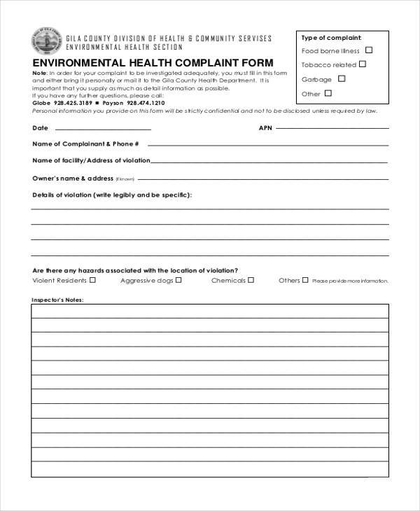 environmental health complaints form