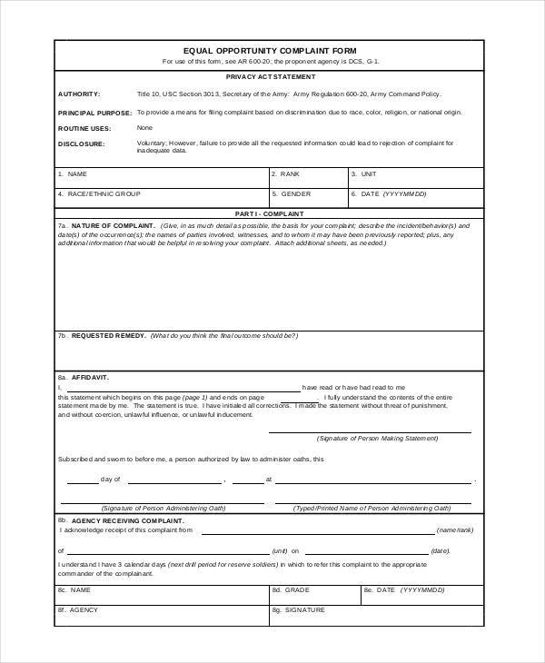 equal opprtunity formal complaint form