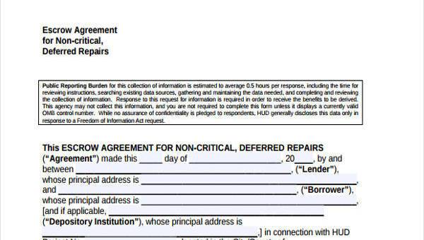 escrow agreement form samples