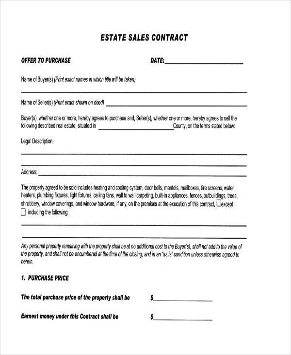 estate sale contract form example