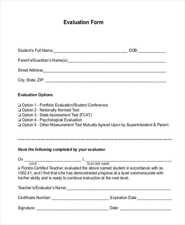 evaluation form examples