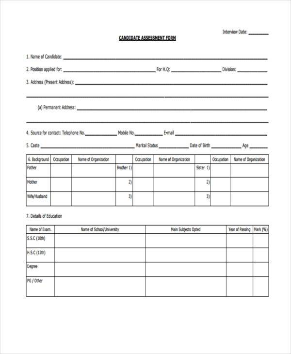 example candidate interview assessment form