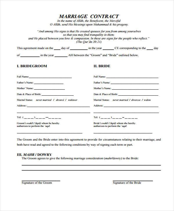 FREE 8+ Sample Marriage Contract Forms in PDF MS Word