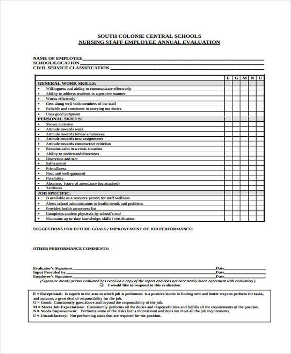 example staff nurse evaluation form