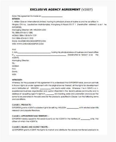 exclusive agency agreement form example