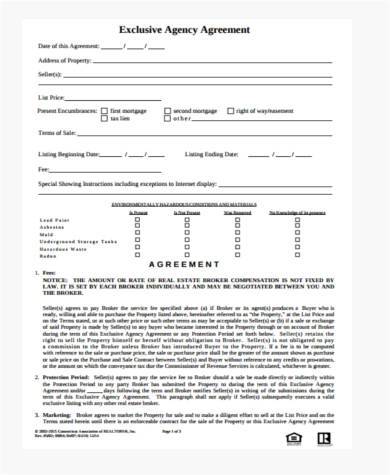 exclusive agency agreement form in pdf