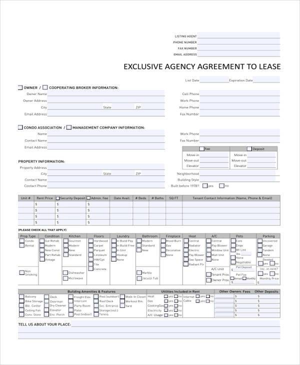 exclusive agency agreement to lease form 