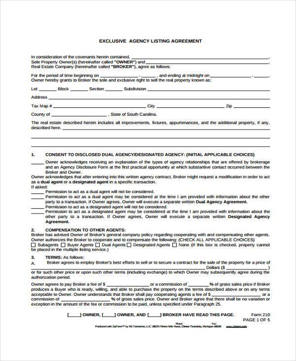 exclusive agency listing agreement form1