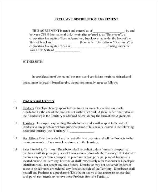 exclusive distribution agreement form sample