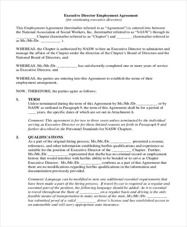 executive employment agreement form sample