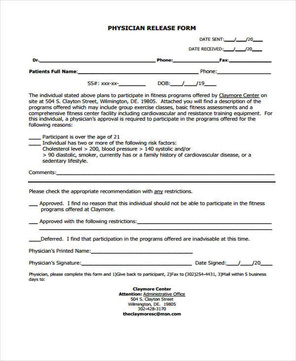 exercise equipment release form