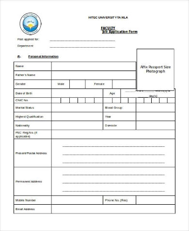 faculty job application form