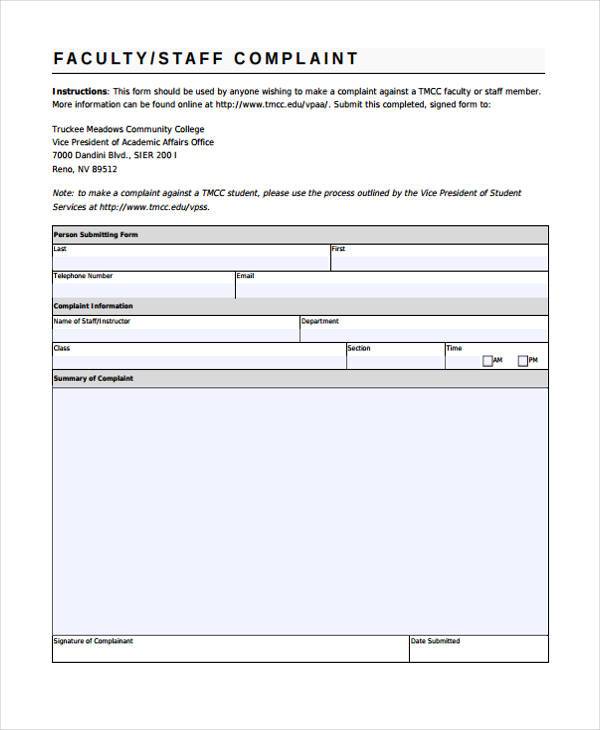 faculty staff complaint form example