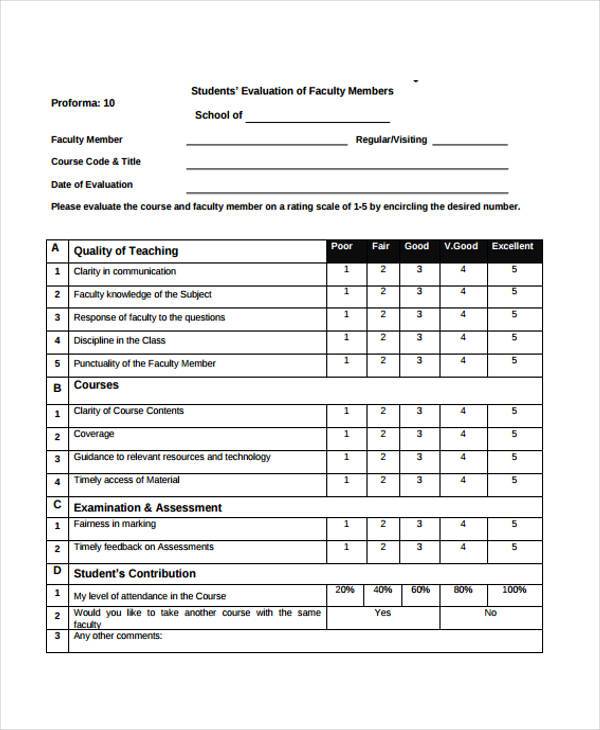 faculty student evaluation form sample