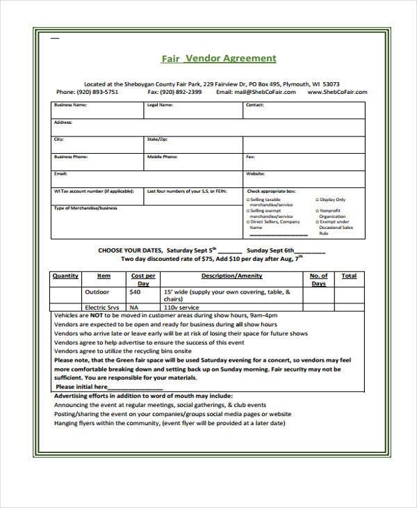 fair vendor agreement form example