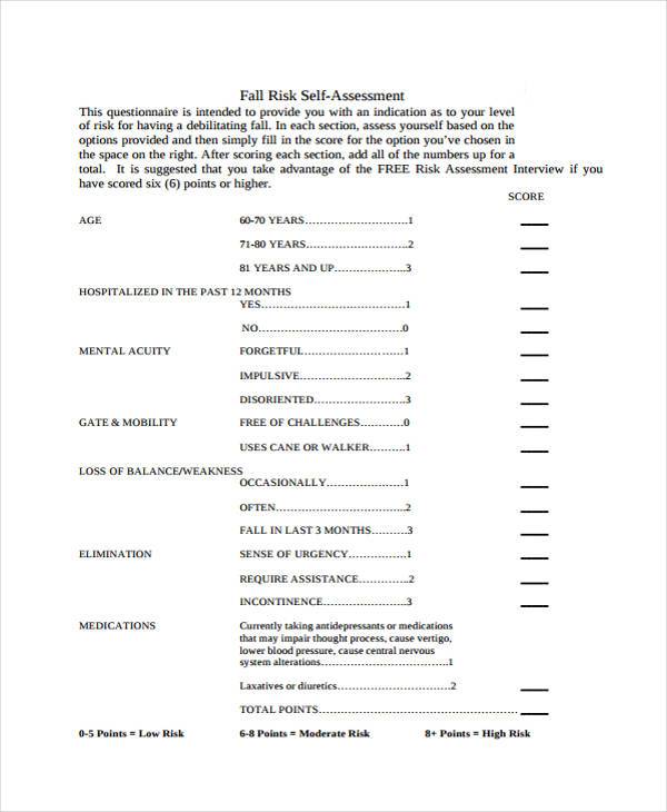 fall risk self assessment form sample