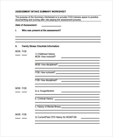 family assessment intake summary form