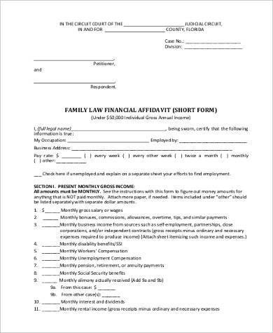 family law financial affidavit short form