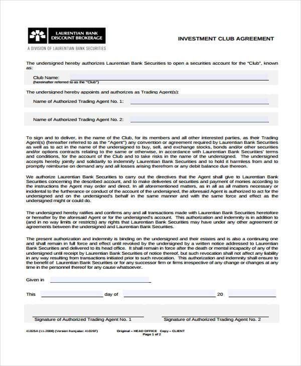 fillable investment club agreement form