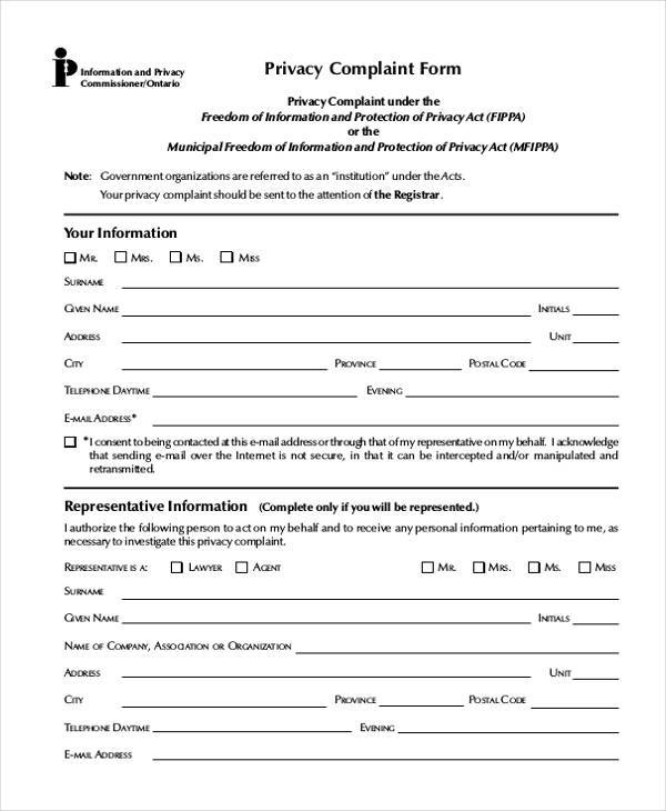 filling privacy complaint form