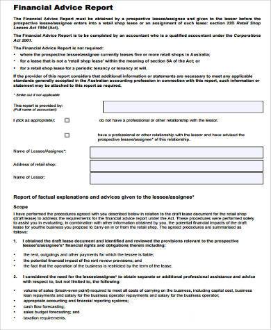 financial advice report form