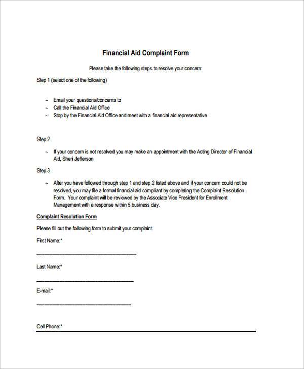 financial aid complaint form