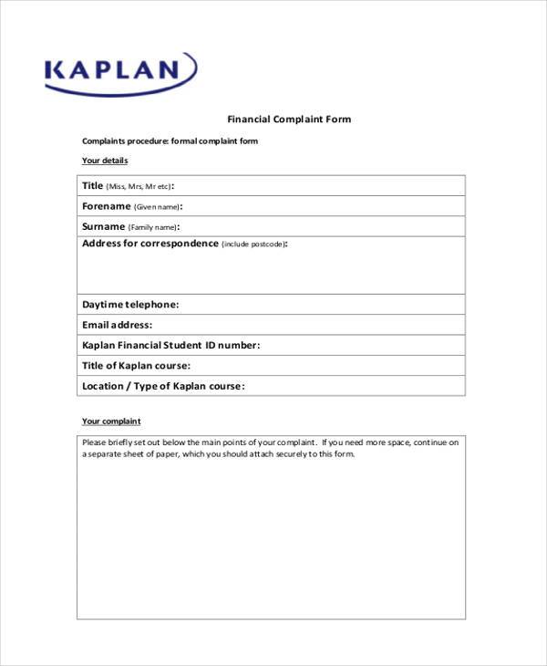 financial complaint form sample