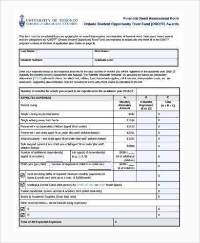 financial need assessment form