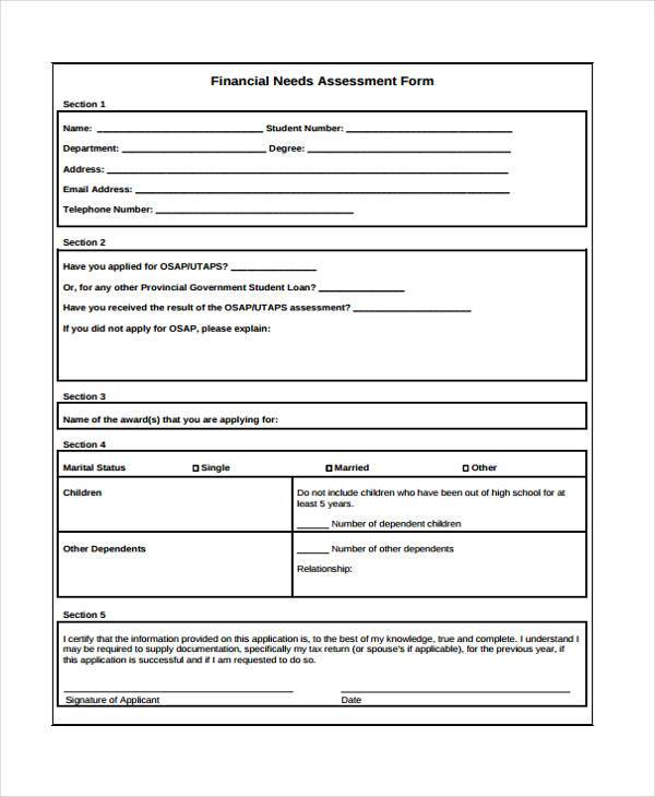 financial needs assessment form