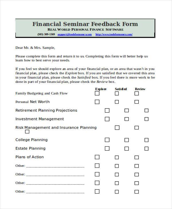 financial seminar feedback form