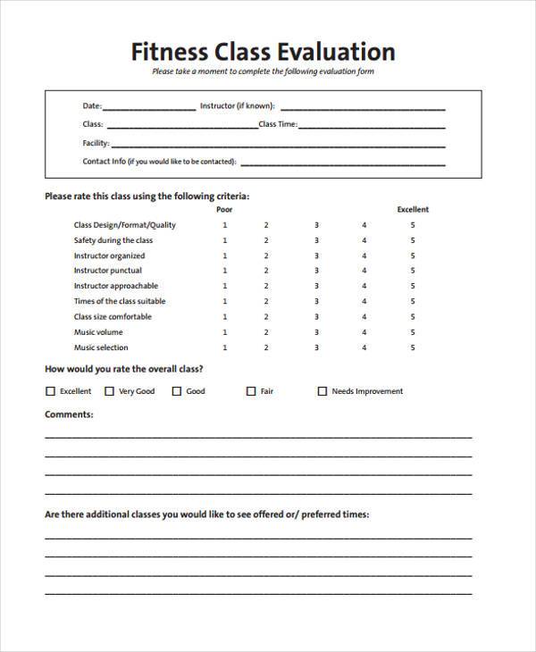 fitness class evaluation form sample