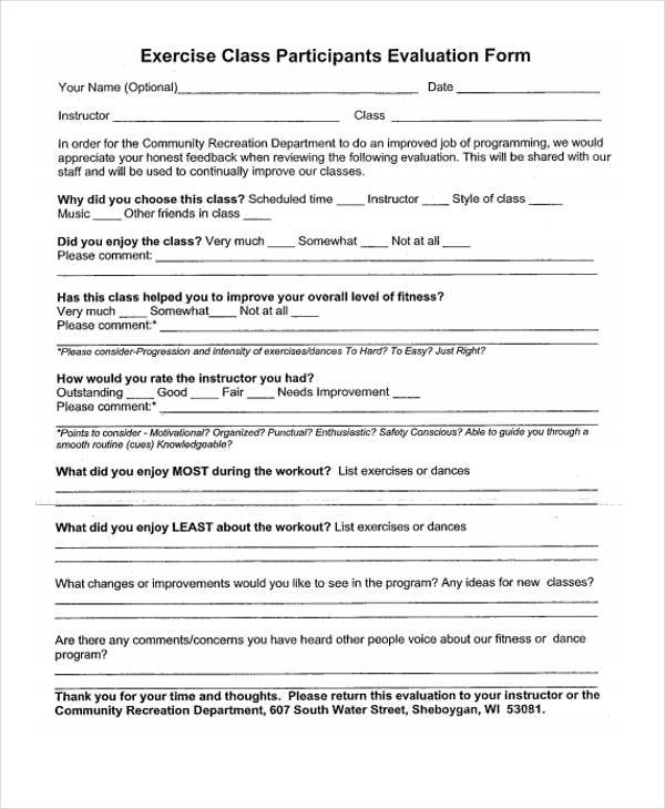 fitness class participant evaluation form